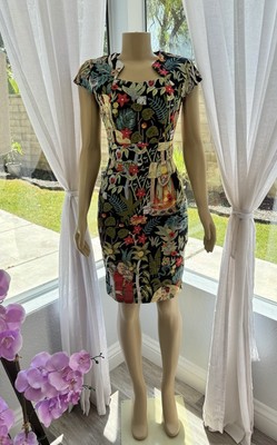 Vintage Frida Khalo Pencil Dress Size M Medium Tropical Cap Sleeve Grace Karin