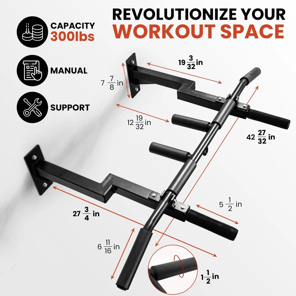 Barra Pull-Up de Montaje en Pared Multi-Grip Yes4All, Perno Reversible de 16 Pulgadas y 24 Pulgadas Foto 4 de 4