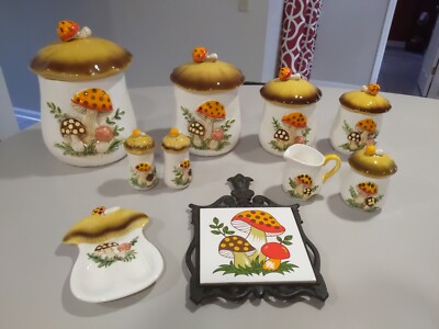 VTG Sears Roebuck 70's MERRY MUSHROOM Canisters Trivet Salt Pepper VTG Sears Roebuck 70's MERRY MUSHROOM Canisters Trivet Salt Pepper