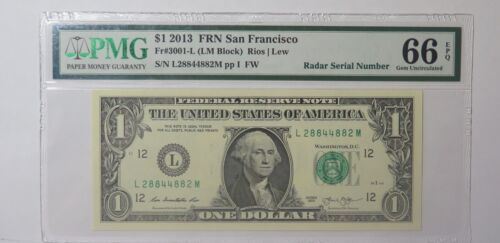 2013 $1 One Dollar San Francisco FRN 3001-L RADAR SERIAL #28844882 PMG 66 EPQ - Afbeelding 1 van 3