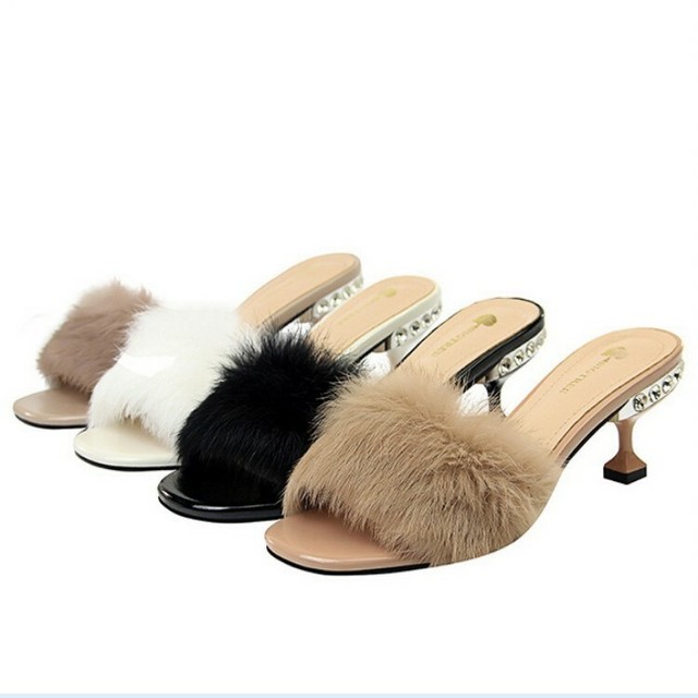 fluffy kitten heel slippers