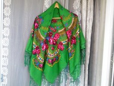 Vintage wool large green shawl with floral print and USSR