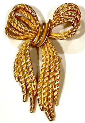 Braided Twisted Rope Texture Gold Tone Bow Pin Brooch Size 2.5 ''