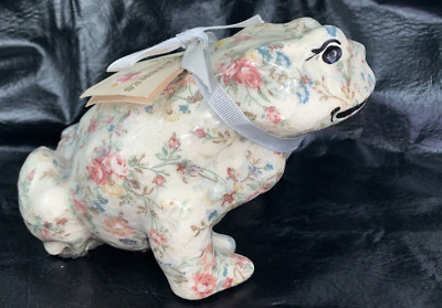 NEW Frog Hand Crafted Figure 5X8'' Floral Cream Victorian Rose Cottage Core Decor