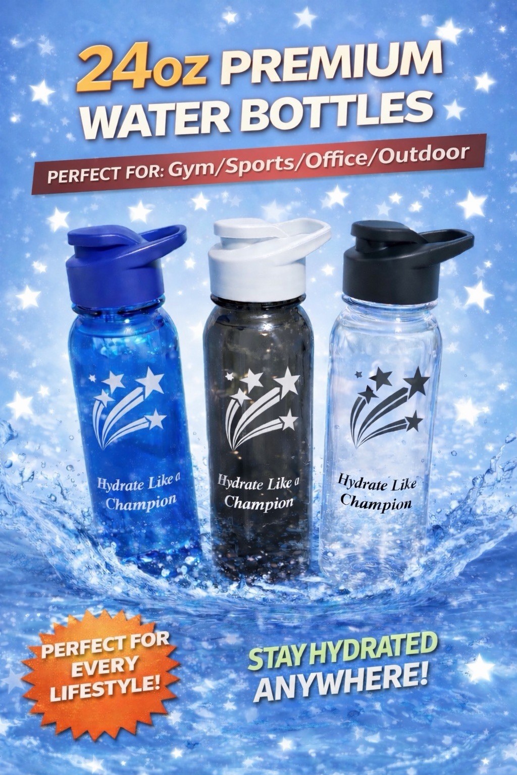 🔥 Leakproof BPA-Free Water Bottles 24oz Gym Sports Blue Dark Grey Clear
