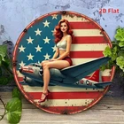 2D Flat, 1pc - "Airborne Girl" Vintage Humor Round Iron Sign Tin Metal Signs 8x8