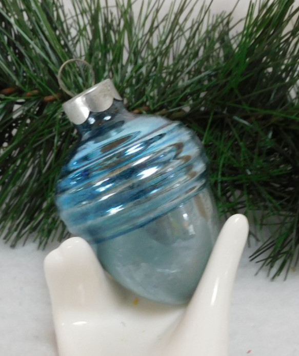 Vintage Christmas Ornaments Glass Shiny Brite Blue iridescent Ribbed Acorn Nut