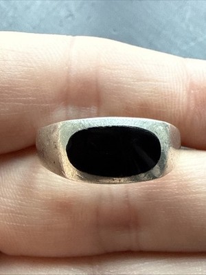 Bague Ancienne En Argent Massif 925 Avec Onyx - Jonc Alliance Créateur - Sans Marque
