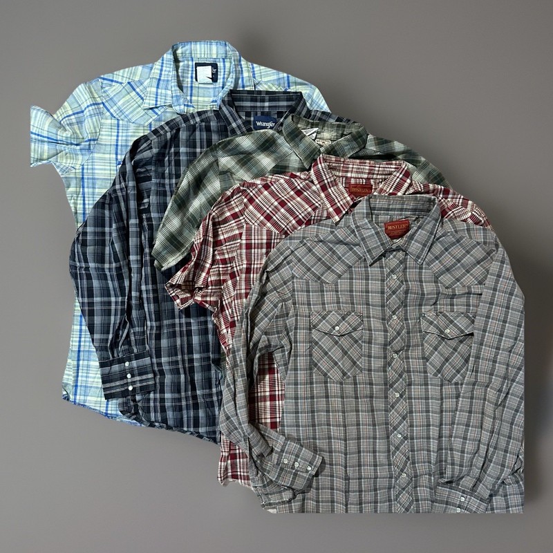 Wrangler Rustler Men’s Mixed Plaid Pearl Snap Button Up Shirts Lot of 5 LS SS