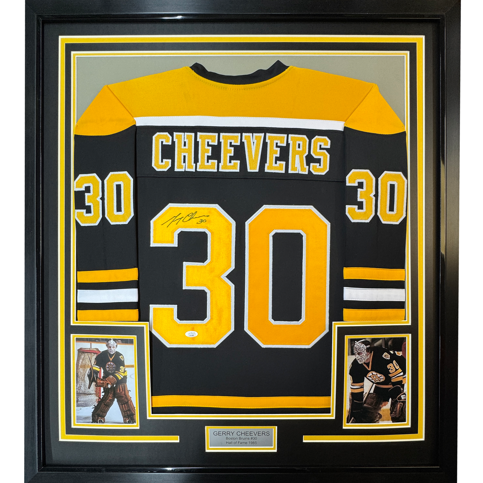 Gerry Cheevers Autographed Signed Boston Bruins FRAMED / HOF 33x42 Boston Black Jersey JSA COA 