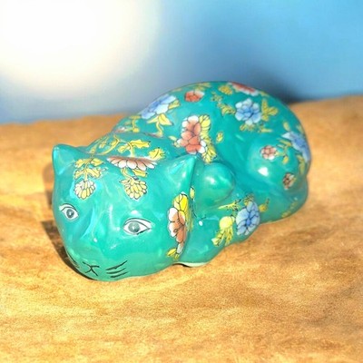 Statue Katze liegend aus Keramik - Blumendekor handbemalt - Vintage