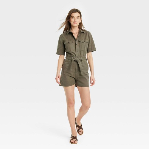 Universal Thread Women's Short Sleeve Denim Jumpsuit Collared Rompers