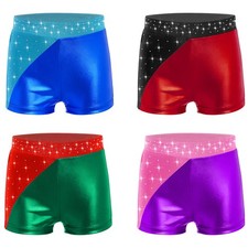 US Kids Girls Shiny Metallic Shorts Sparkle Rhinestone Elastic Waist Dance Wear