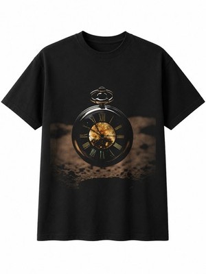 Doppelbelichtung Taschenuhr leuchtend Herren T-Shirt Vintage schwarz 100% Baumwolle