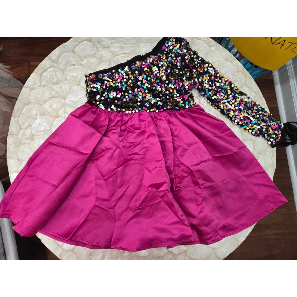 Vestido de festa Shein infantil meninas lantejoulas um ombro rosa tamanho 9Y - Imagem 4 de 4