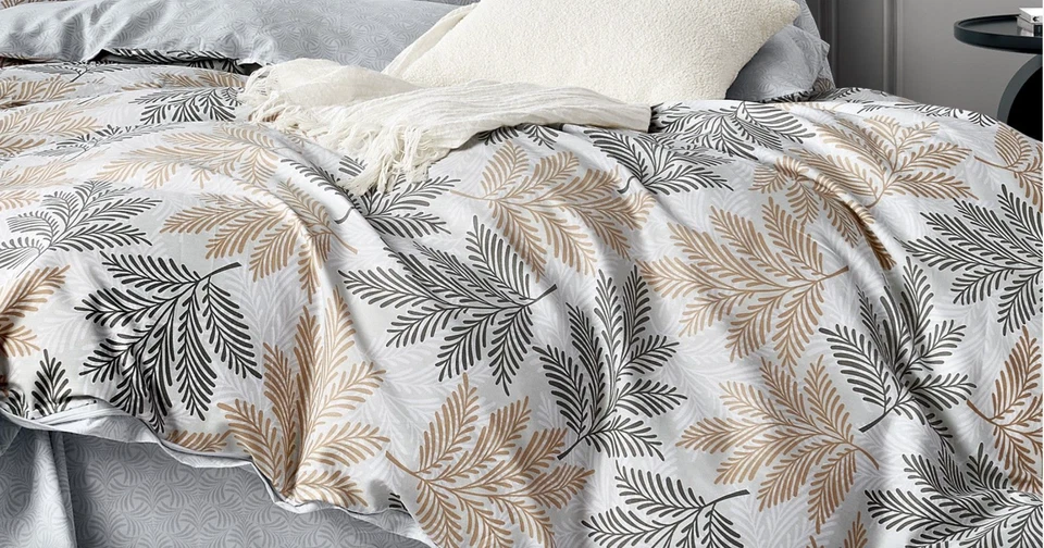 Reversible Comforter Set Queen King Botanical Leaf Gray Beige Modern All Season - Image 2 of 3