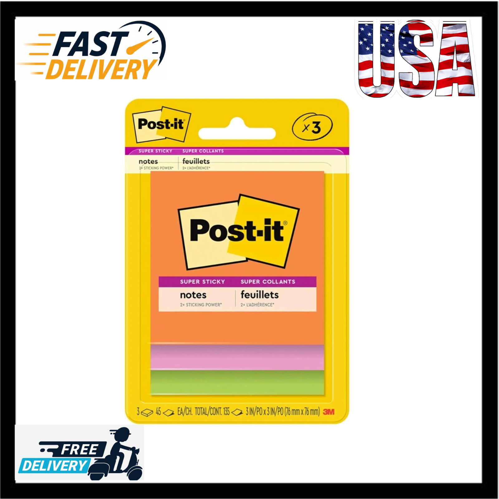 Post-it Super Sticky Notes, 3 Sticky Note Pads, 3 x 3 in., School Supplies for S