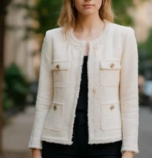 NWT $138 Nanette Lepore Bouclé Tweed Jacket Blazer  In Cream / Gold Large