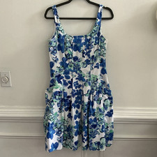 Lauren Ralph Lauren Fit & Flare Dress 8 Blue Green Floral Scoop Neck Zip Pleat