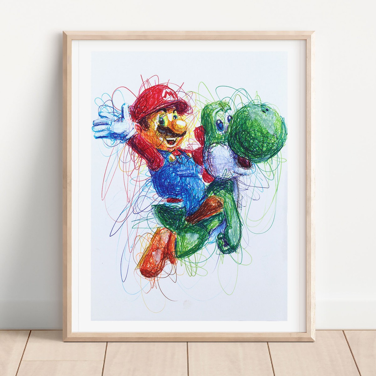 Mario Riding Yoshi Ballpoint Pen Print, Super Mario Art