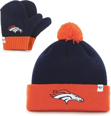 47 Denver Broncos Kids Bam Bam Cuffed Knit Hat w Pom & Mittens Navy/Orange OSFA