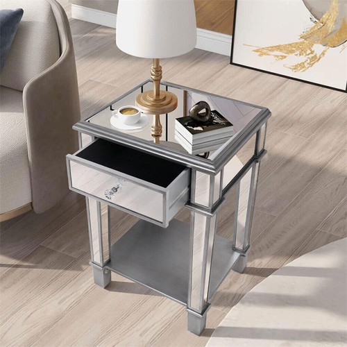 Elegant Mirrored Glass Bedside Table Nighstand Side Table Cabinet Drawer & Shelf - Picture 3 of 15