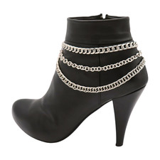 Women Silver Boot Chain PAIR Bracelet Shoe 3 Strand Wave Charm Shoe Anklet SET