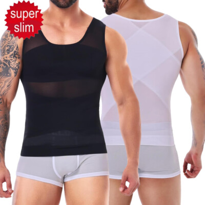 MEN SLIMMING BODY SHAPER X SHAPE BACK SUPPORT TANK TOP COMPRESSION VEST SHIRT @