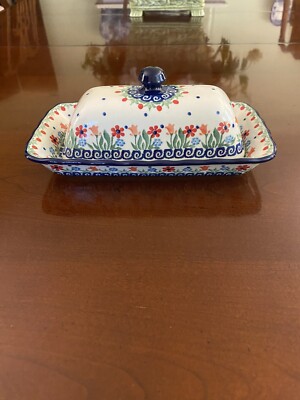 Polish Pottery Ceramika Artystyczna 9  Butter Dish Babcia s Garden Pattern