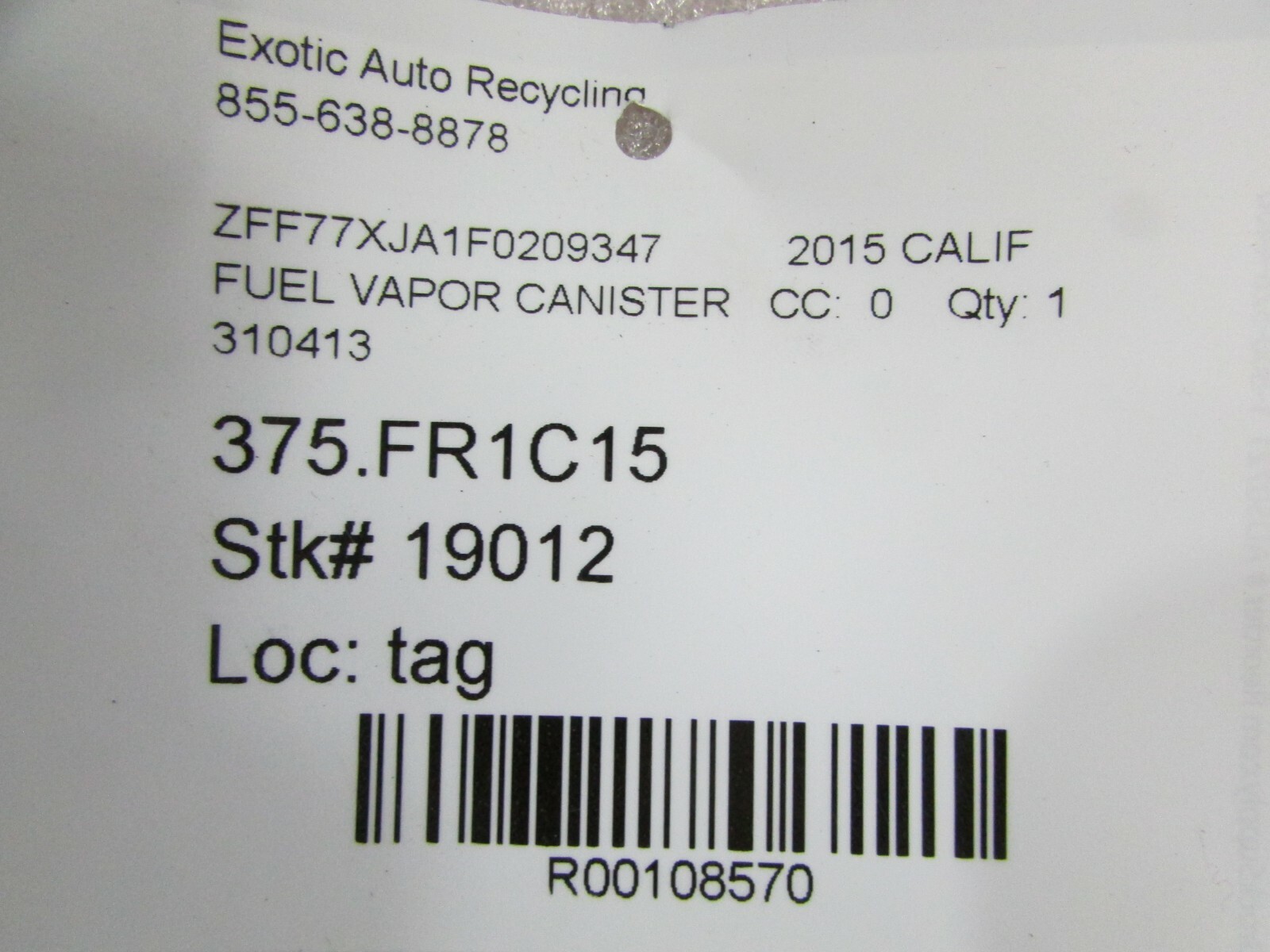 Ferrari California T, Fuel Vapor Canister Disareator, Used, P/N 310413