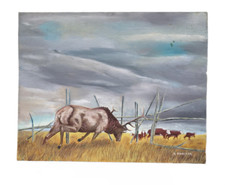 Vintage Canvas Oil Painting Board Signed Wyoming Elk Ranch Landscape Cattle Cows