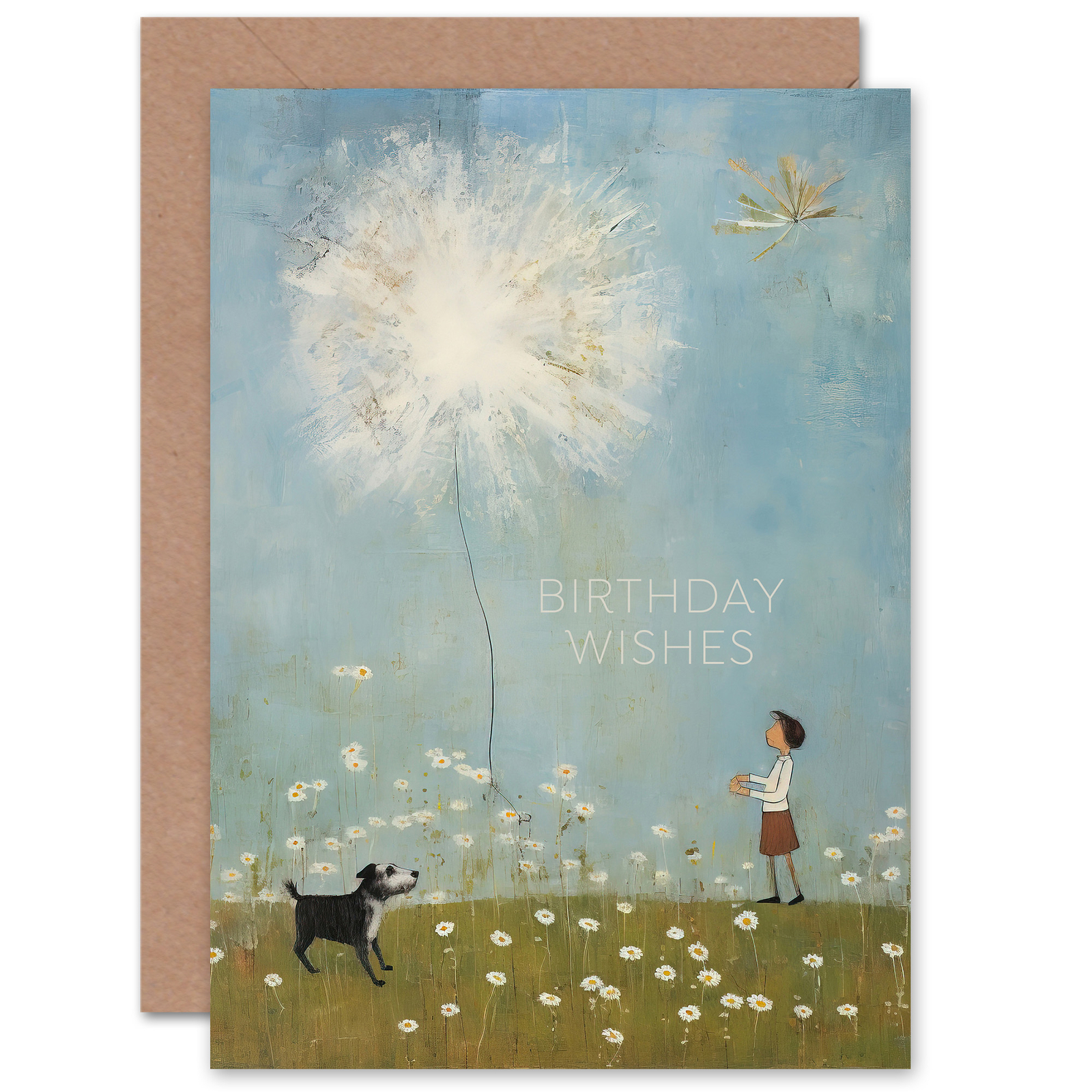 Geburtstagswünsche Jagd nach dem riesigen Pusteblume für Kind leer innen Grußkarte