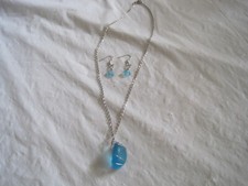 Wire Wrapped Blue Sea Glass Necklace Earrings Set Pierced LBDLA