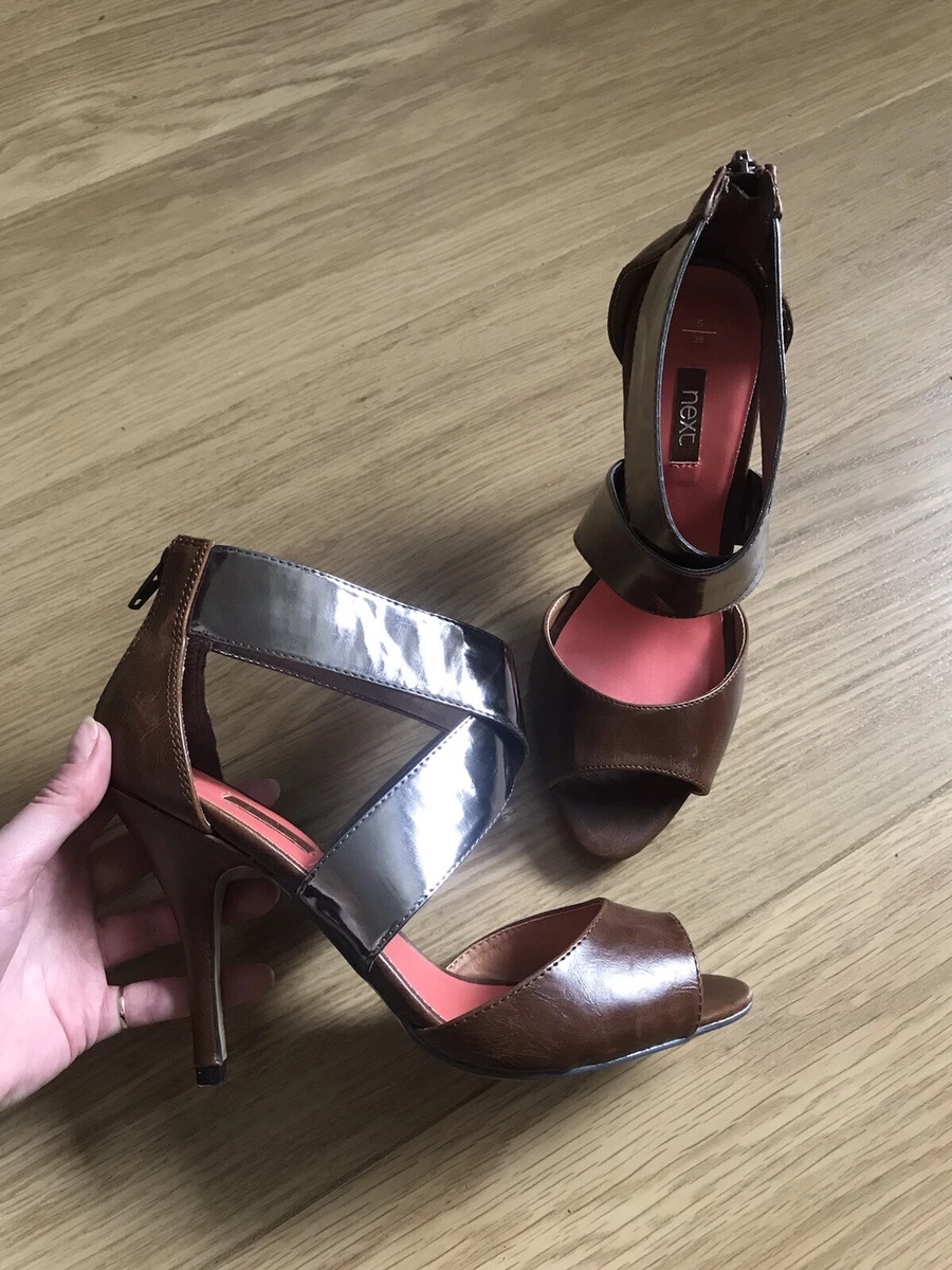 Next PU Brown Leather Metalluc Pewter Metallic Peep Toe Strap Heels Uk 5