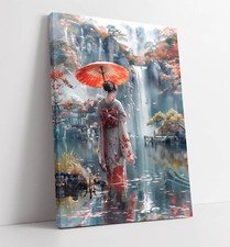 BEAUTIFUL JAPANESE GEISHA BY WATERFALL FRAMED CANVAS WALL ART PICTURE PRINT