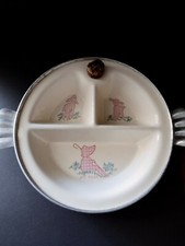 Vintage Excello Bo Peep Ceramic Pewter Baby Warming Dish Original Cork Gingham