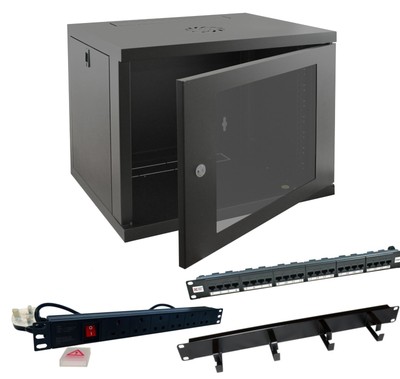 12u 550 mm (D) 19 Zoll schwarz Wandmontage Datenschrank + Cat5e Panel, 6-Wege PDU & Bar