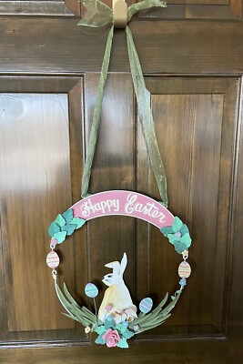 Vtg Happy Easter Bunny Rabbit Wreath 14'' x 12  Eggs Flowers Colorful Hangs 26 