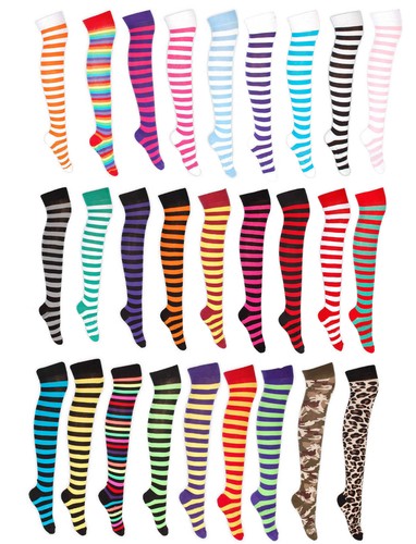 women teens multicoloured stripy over knee socks uk size 4-6.