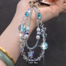 Luxury Blue Synthetic Crystal  Butterfly Double Strand Beaded Phone Charm/Strap