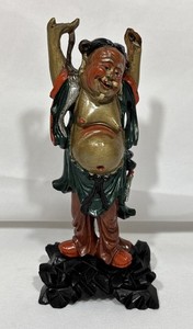 Antique Vintage Chinese Hand Carved & Painted Polychrome Wood Statue Hongkong