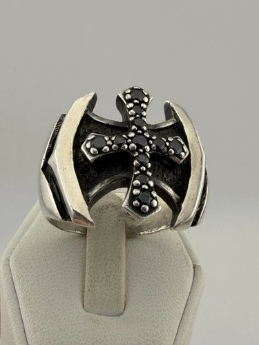 Sterling Silver Cross Men’s Vintage Custom Biker Ring Size 15-16 Huge Black