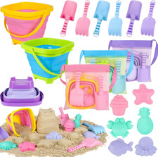 Collapsible Beach Toys for Kids, 3 Pack Foldable Sand Buckets and Shovels Set wi