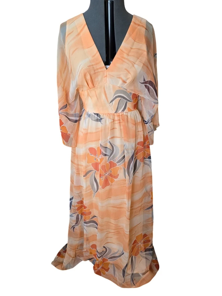 Maxi Vestido Vintage Edith Flagg - Naranja Floral Gasa Estilo Caftán - Talla Pequeña Foto 3 de 4
