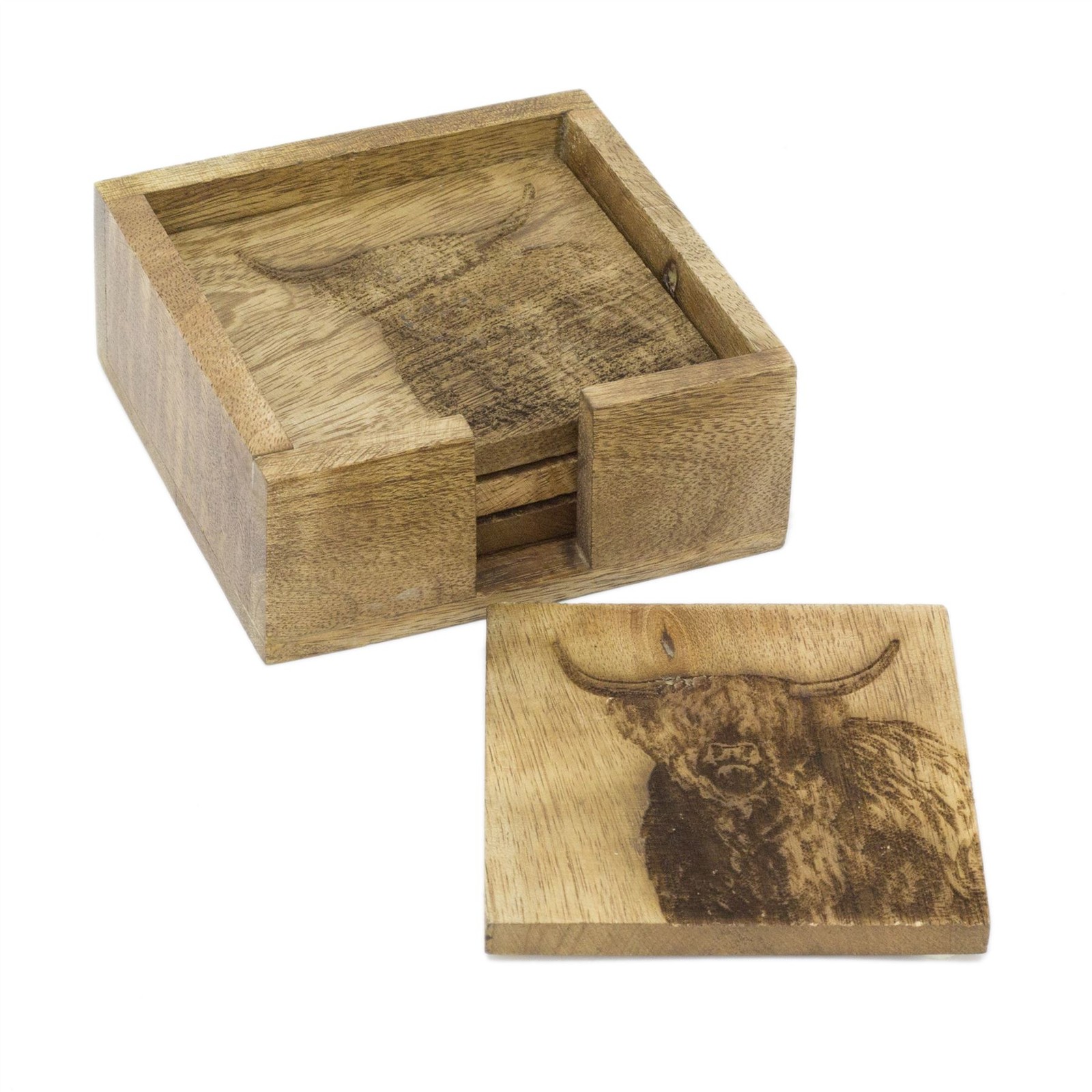 Carousel Home Brown Set Of 4 Mango Wood Highland Cow Coasters | 4 Piece Rustic Coasters With Holder Cup Mug Table Mats | Wooden Square Drinks Coaster Set - Image 2