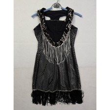 Curtain Call Dance Costume Dress Adult M Sequin Fringe Metallic Black Silver