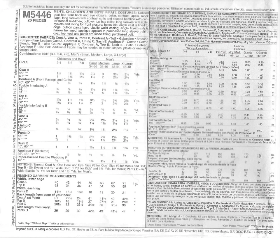 Uncut McCall's Sewing Pattern M5446 Children's and Boys Pirate Costumes Size 3-8 - Image 2 of 2