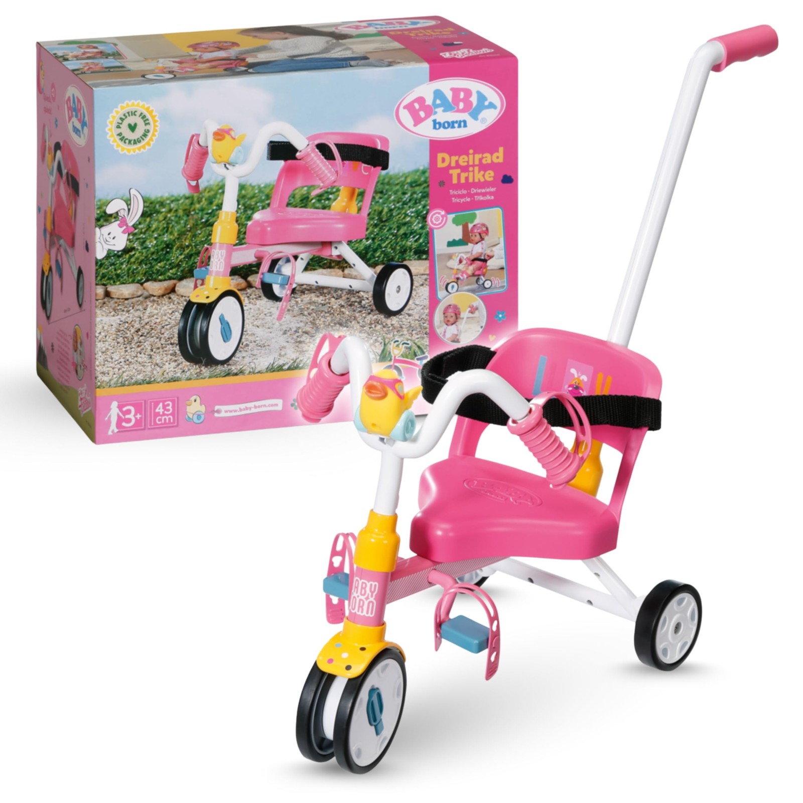 Trike avec roues fonctionnelles haute adhérence et canne parentale