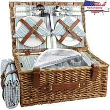 Deluxe Wicker Picnic Basket Set W/ Utensils Plates Glasses Napkins  Blanket New