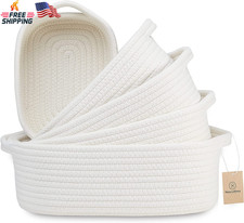 5-Piece Rectangle Storage Basket Set- Natural Cotton Rope Woven for Organizing 
